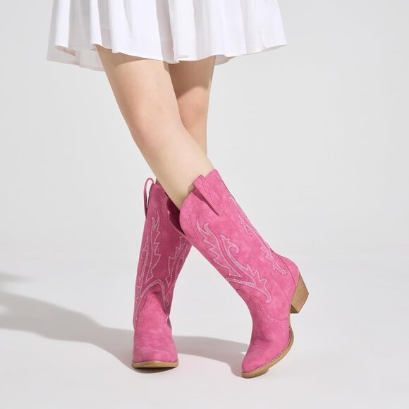 Women Pink Synthetic Embroidered Pointy Toe Comfortable Chunky Heel Cowgirl Boot - Picture 4 of 7